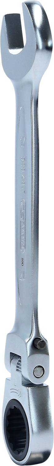 Ein silberner Ringschlüssel mit Ratschenfunktion. Der Schlüssel hat einen offenen und einen geschlossenen, geriffelten Kopf.