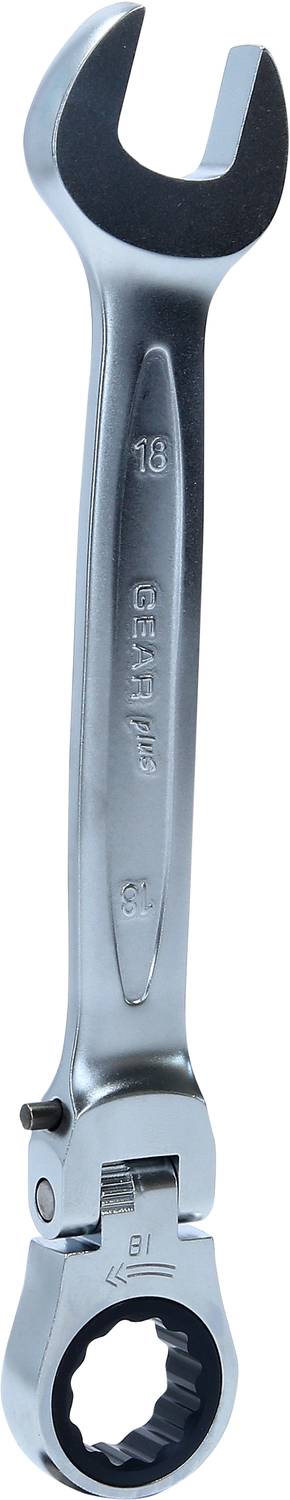 Silberner Ringschlüssel mit Ratschenfunktion, Größe 18 mm, liegt aufrecht auf weißem Hintergrund.