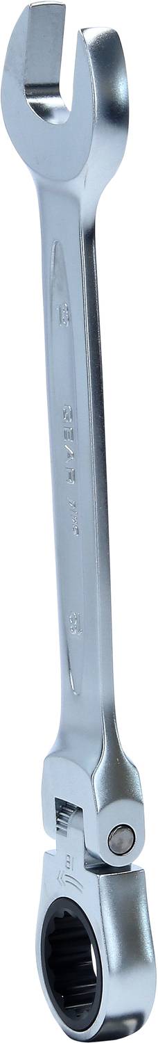 Silberner Ringschlüssel mit Ratschenmechanismus, erleichtert das Anziehen und Lösen von Schrauben und Muttern in beengten Räumen.