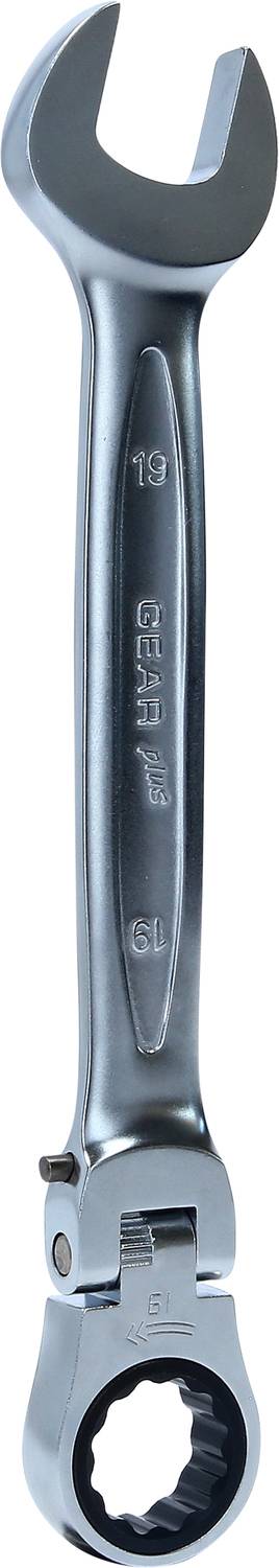 Offener Ringschlüssel aus Metall mit Ratschenfunktion, geeignet für mechanische Arbeiten. Oberseite zeigt eingravierte Größenangabe '19'.