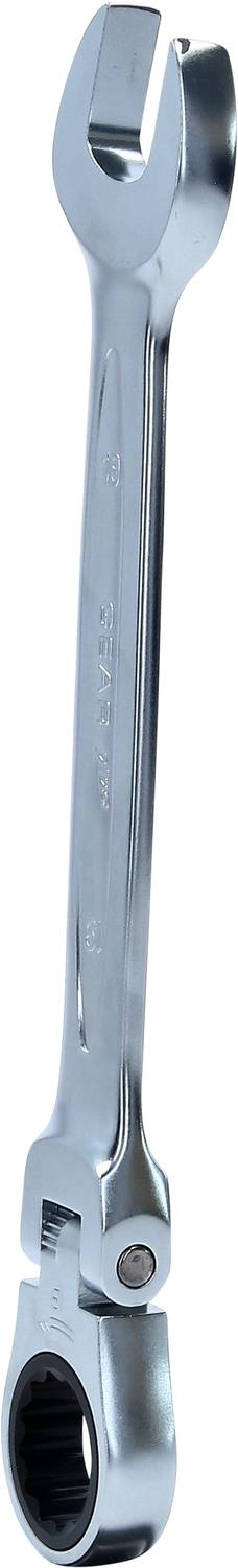 Ein verstellbarer Schraubenschlüssel aus Metall, glänzend und silberfarben, mit einem offenen Ende und einem Ratschenmechanismus am anderen Ende.