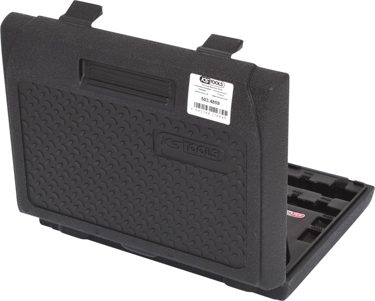 Schwarzer Werkzeugkoffer mit Tragegriff, labeliertes Fach für Werkzeuge, geprägtes Firmenlogo, langlebiges Design für Werkstattbedarf.