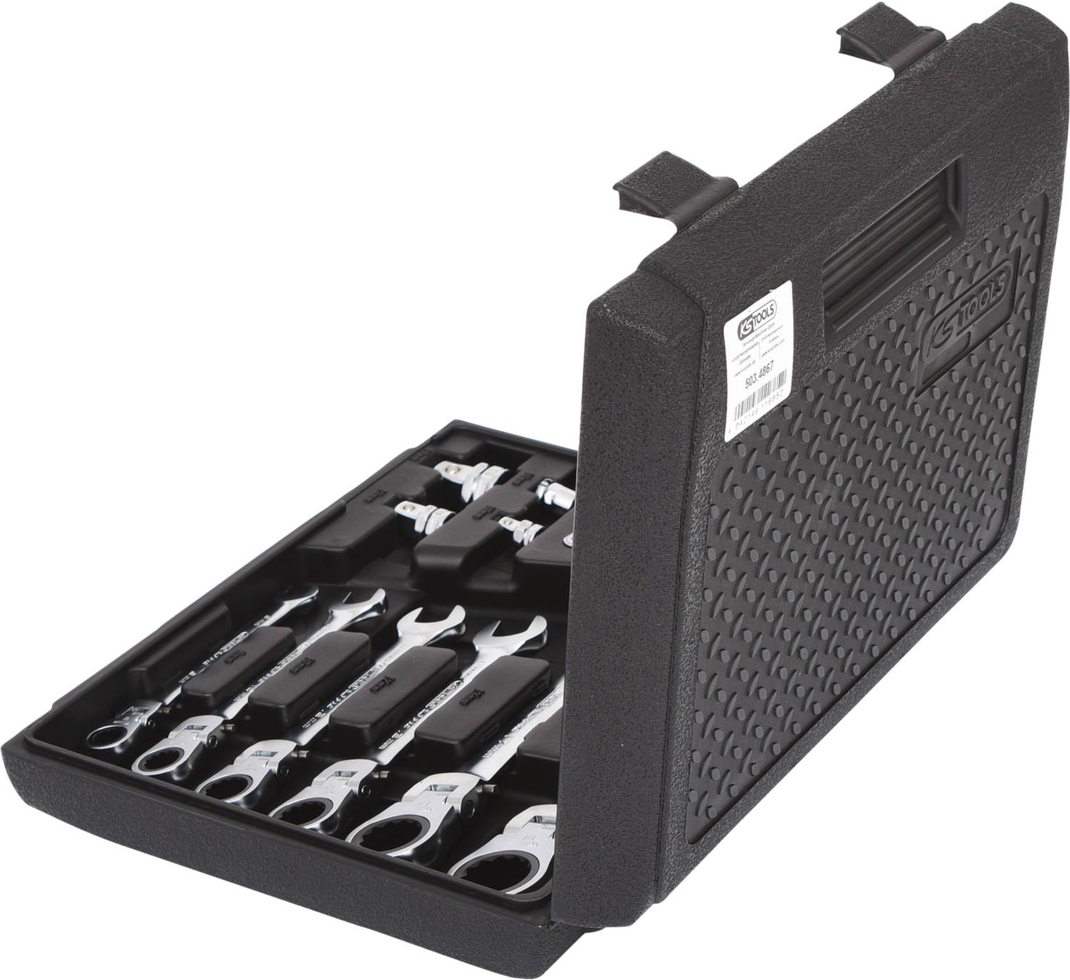 Geöffneter schwarzer Werkzeugkoffer mit einer Auswahl an Schraubenschlüsseln und Werkzeugen.