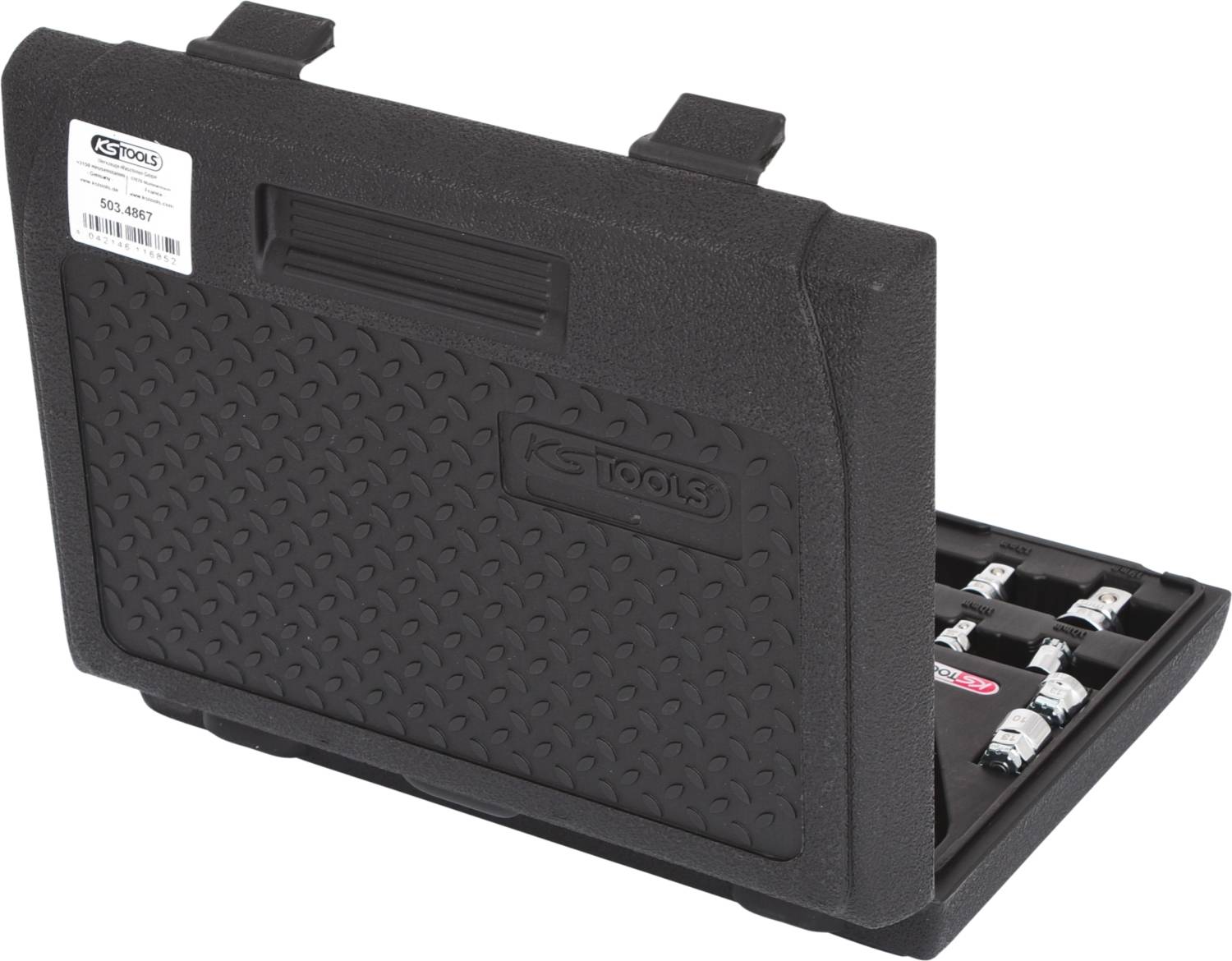 Ein schwarzer Werkzeugkoffer aus Kunststoff, teils geöffnet. Im Inneren sind mehrere Werkzeuge in Fächern sichtbar, darunter Steckschlüssel.