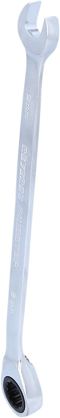 Ein silberner Ringschlüssel mit Ratschenfunktion, besonders nützlich zum schnellen Anziehen oder Lösen von Schrauben und Muttern.