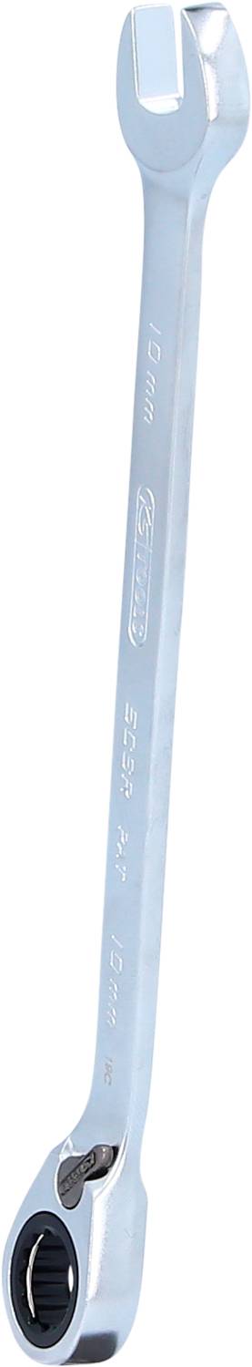 Ein silberner Gabelschlüssel mit Ratschenmechanismus an einem Ende, aus Metall, Größe 10 mm. Geeignet für Schraubenmontage.