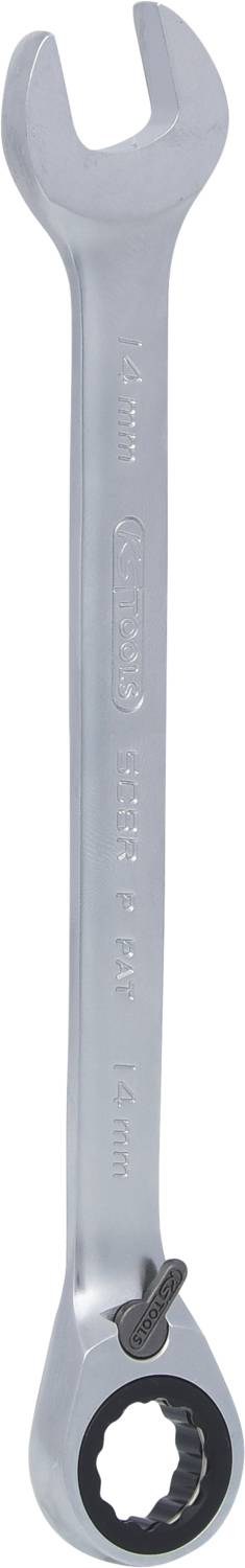 Ein silberner Maul- und Ringschlüssel mit einer Ratschenfunktion auf der Ringschlüsselseite, geeignet für 10mm Sechskantschrauben.