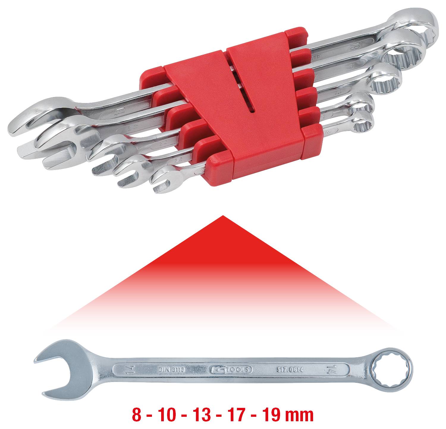 Sechsteiliges Maul- und Ringschlüssel-Set mit den Größen 8, 10, 13, 17, 19 mm in roter Halterung; darunter ein einzelner Kombischlüssel.