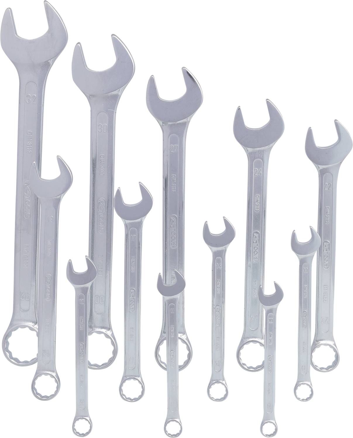 Eine Sammlung von zwölf Schraubenschlüsseln in verschiedenen Größen, die nebeneinander angeordnet sind.