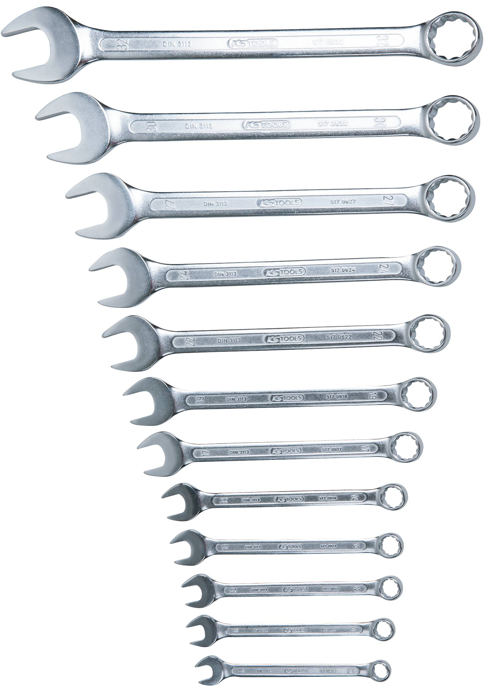 Eine Reihe von Maulschlüsseln, geordnet von groß nach klein, liegen nebeneinander auf einem weißen Hintergrund.