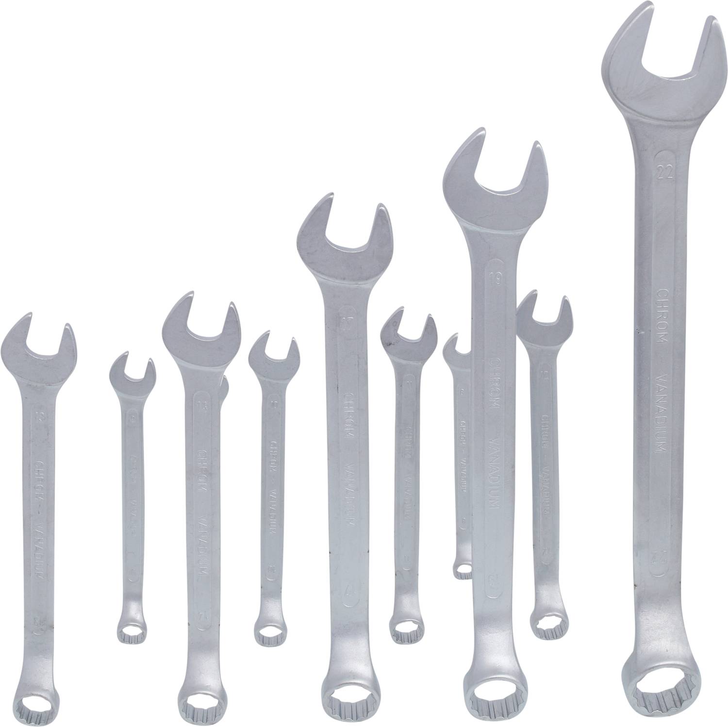 Acht Schraubenschlüssel in unterschiedlichen Größen nebeneinander angeordnet. Alle sind silberfarben und aus Metall gefertigt.