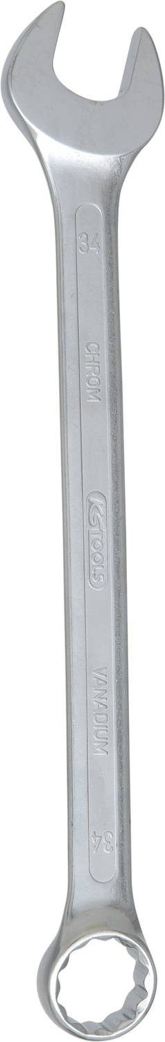 Ein silberner Schraubenschlüssel mit offenem und ringförmigem Ende, geeignet zum Anziehen oder Lösen von Muttern und Schrauben.