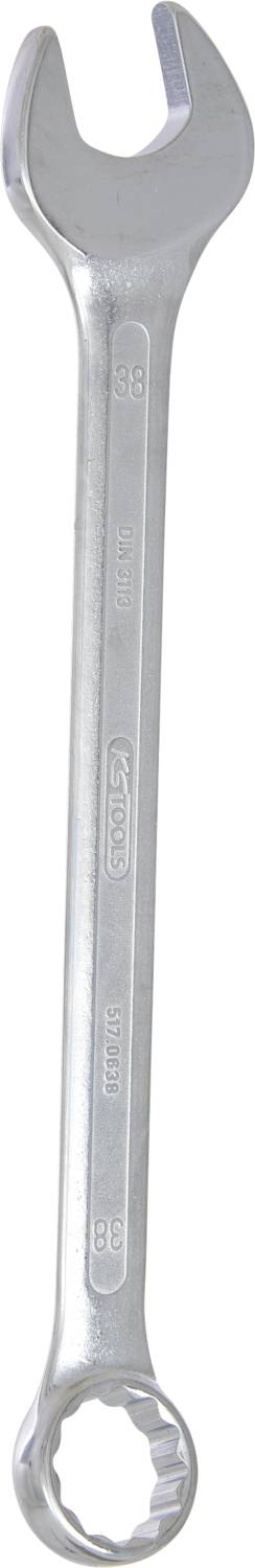 Ein silberner Gabelschlüssel mit einem offenen und einem Ringschlüsselende. Geeignet für Muttern oder Schrauben mit Sechskantkopf.