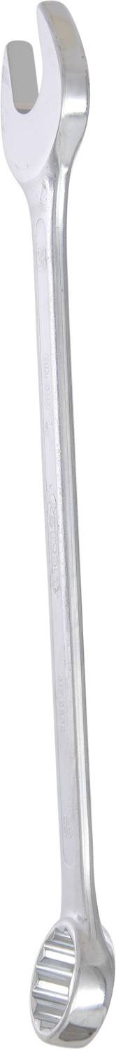 Ein silberner Schraubenschlüssel mit offenem Maul und Ringschlüssel. Wird zum Festziehen oder Lösen von Muttern und Schrauben verwendet.