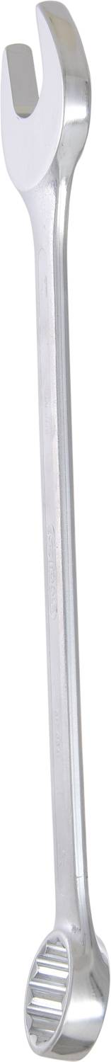 Ein silberner Schraubenschlüssel mit einem offenen Maul an einem Ende und einem Ring am anderen Ende für unterschiedliche Schrauben.