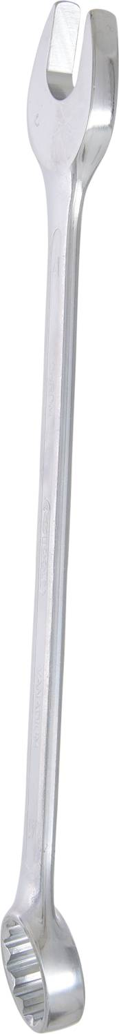 Ein silberner doppelendiger Ringschlüssel, links mit offenem Maulschlüssel, rechts mit ringförmiger Werkzeugaufnahme, auf weißem Hintergrund.