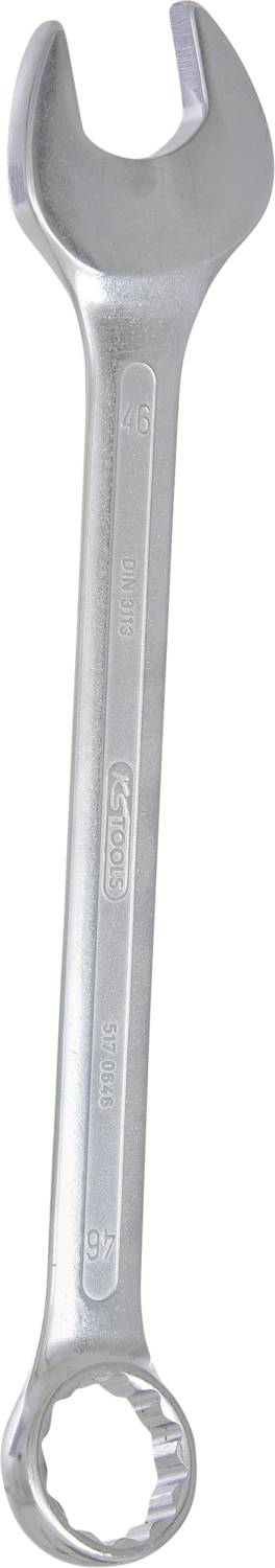 Ein silberner Gabel-Ringschlüssel für die Größen 10 und 11 mm. Oben Gabel, unten Ringschlüssel mit zwölf Zähnen.