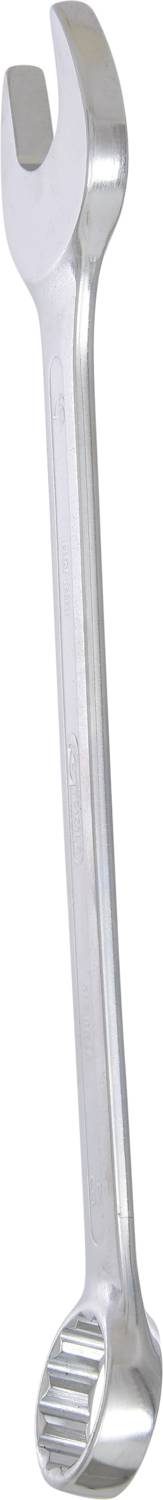 Ein silberner Schraubenschlüssel, doppelseitig mit einem offenen Maul an einem Ende und einem Ringschlüssel am anderen Ende.