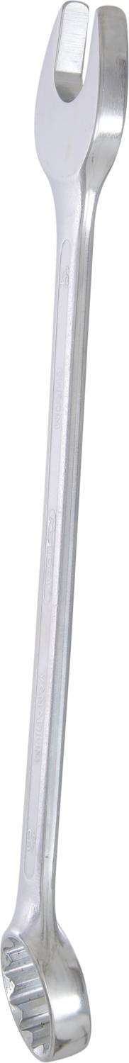 Ein silberner Doppelmaulschlüssel, links mit offenen Backen, rechts mit einem geschlossenen Ring.