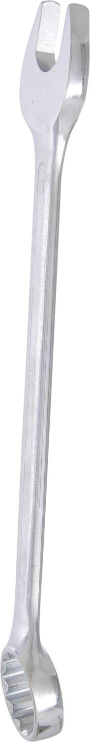 Ein silberner Ringschlüssel mit einer offenen und einer geschlossenen Seite, für vielseitige Schraubarbeiten geeignet.