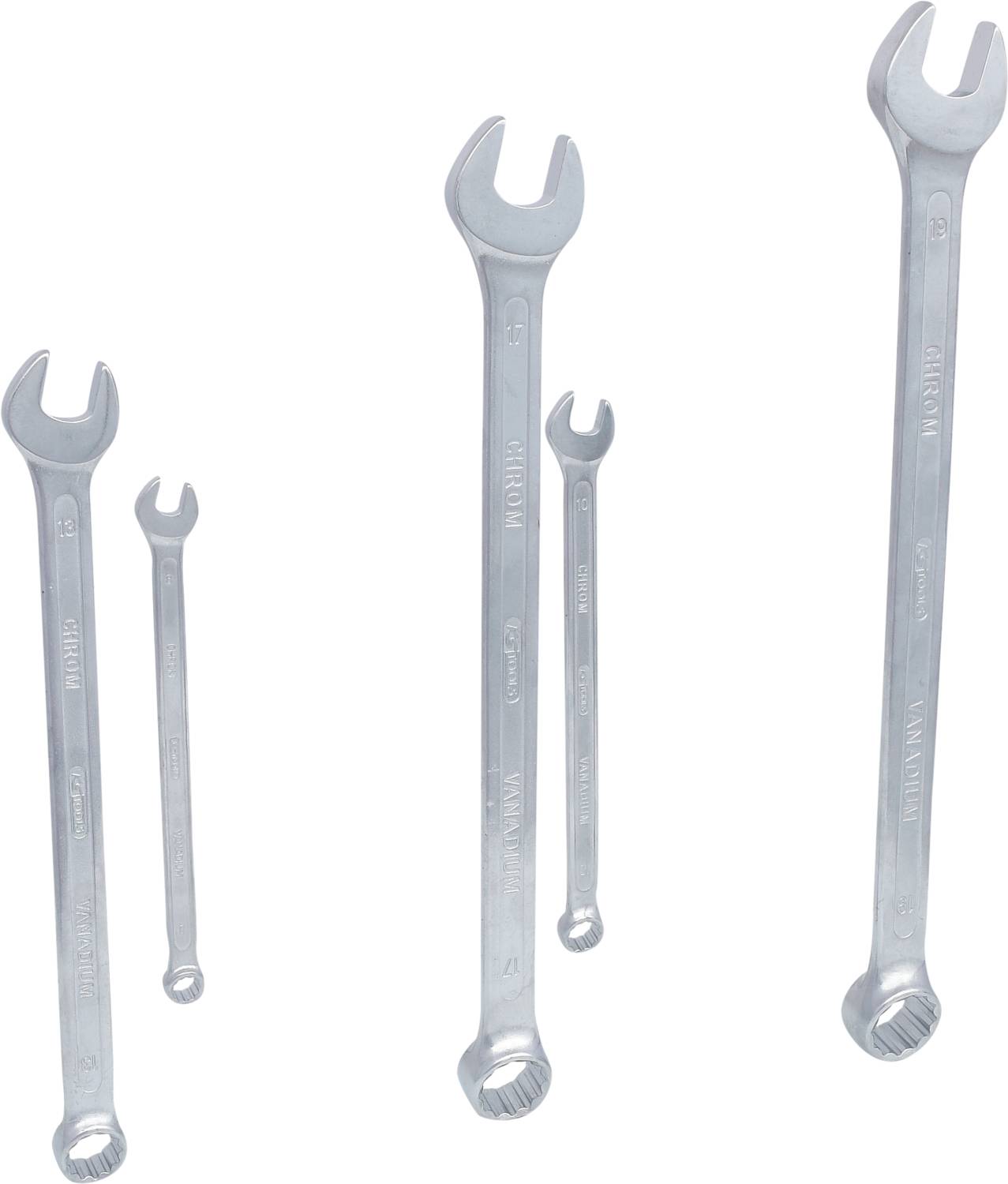 Vier Metallschlüssel in unterschiedlicher Größe, vertikal angeordnet. Sie sind Werkzeuge zum Lösen und Anziehen von Schrauben.