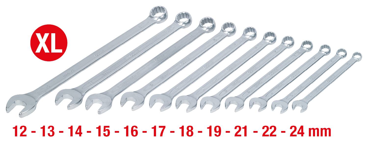 Elf Schraubenschlüssel in verschiedenen Größen von 12 mm bis 24 mm, nebeneinander mit der Aufschrift 'XL' in einem roten Kreis.