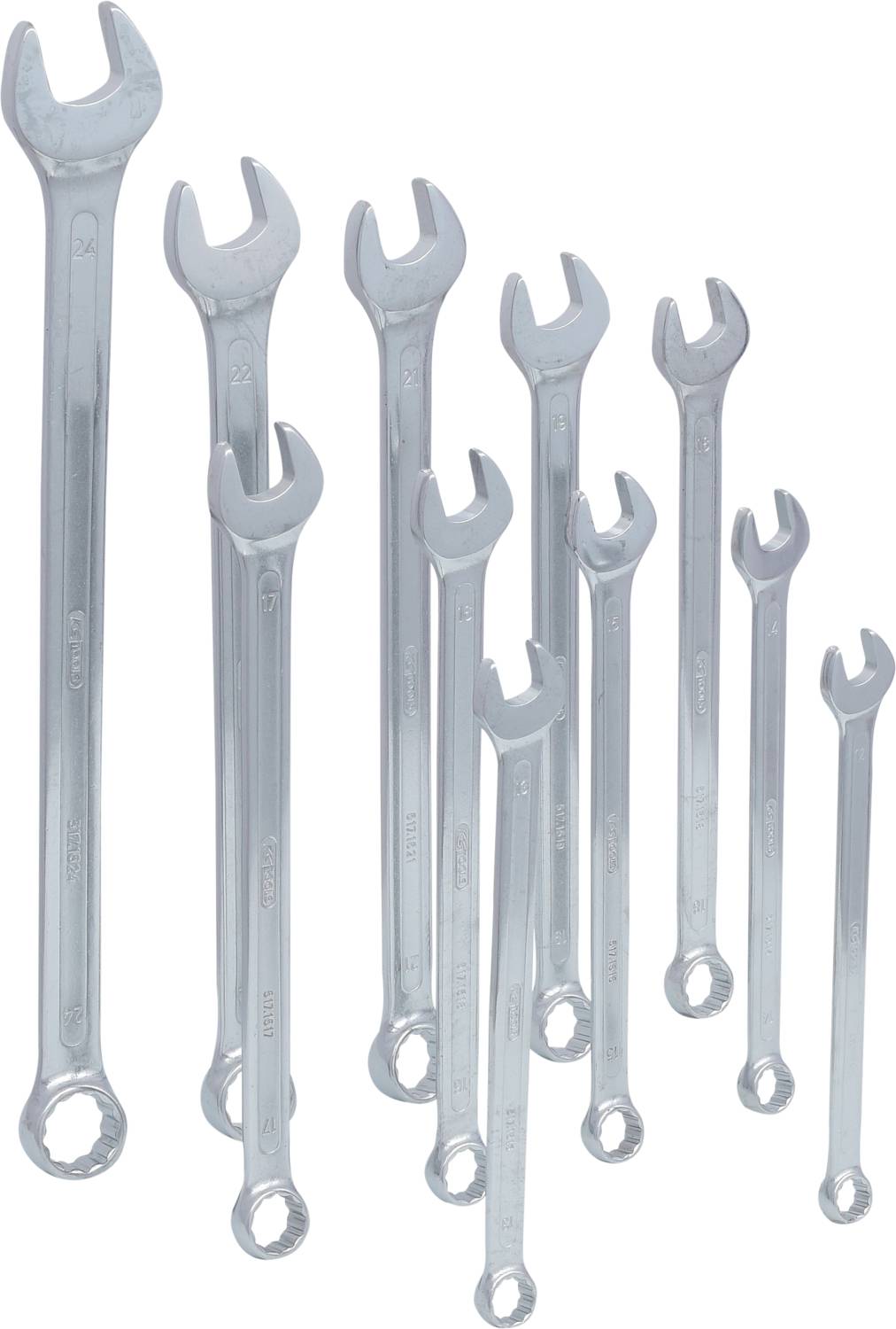 Zehn silberne Gabelschlüssel in verschiedenen Größen, vertikal angeordnet. Ideal für vielseitige mechanische Arbeiten.