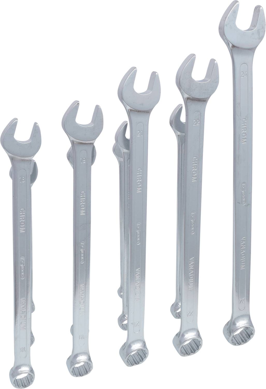 Fünf verschieden große Maulschlüssel stehend aufrecht nebeneinander. Sie sind aus silbernem Metall und haben jeweils einen offenen und einen geschlossenen Endkopf.
