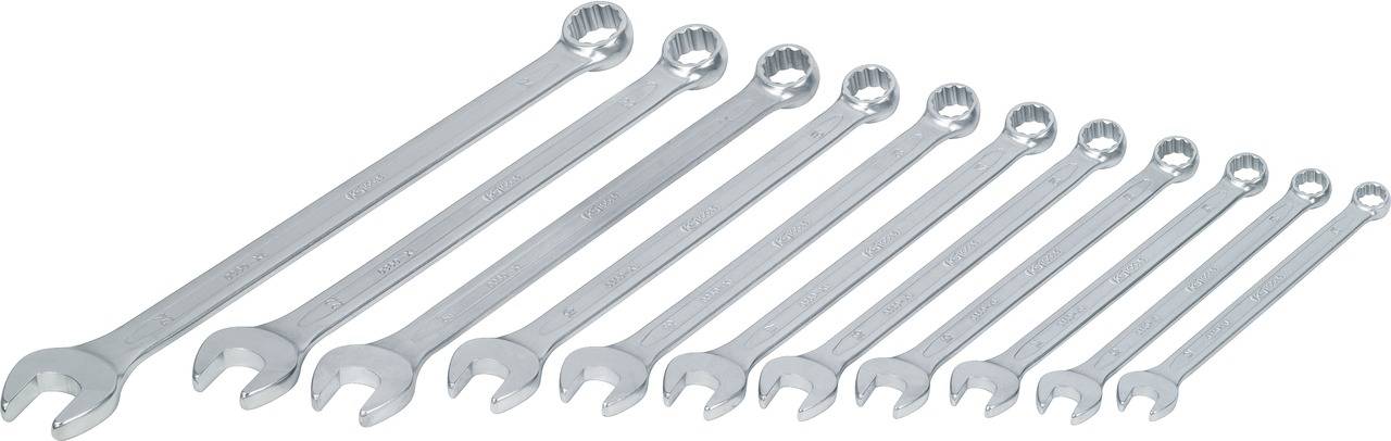 Zehn silberne Schraubenschlüssel in verschiedenen Größen, nebeneinander liegend, von groß nach klein geordnet.