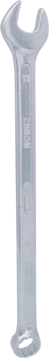 Ein silberner Doppelschlüssel, oben mit einem offenen Ende und unten mit einem Ringschlüssel. Werkzeug zur Befestigung von Schrauben.