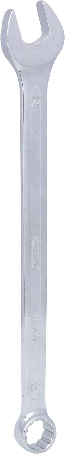 Ein silberner Ringschlüssel zeigt eine offene und eine geschlossene Seite, verwendet zum Festziehen oder Lösen von Muttern und Schrauben.