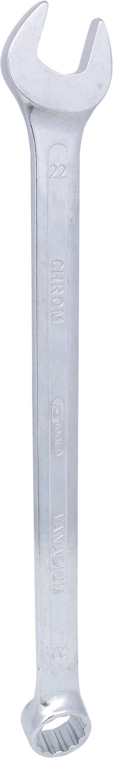 Ein silberner Gabelschlüssel mit einem offenen Ende und einem Ringende, geeignet für das Lösen von Sechskantmuttern oder Bolzen.