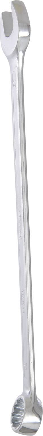 Ein silberner Doppelmaulschlüssel, eine Seite offen, die andere mit Ringschlüssel, aufrecht stehend vor weißem Hintergrund.