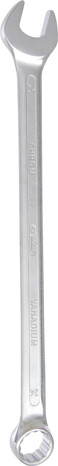 Silberner Schraubenschlüssel mit offener und Ringschlüssel-Ende, in vertikaler Position. Geeignet für mechanische Reparaturen.