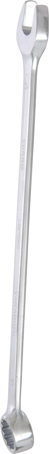 Ein silberner Gabelschlüssel mit einer offenen und einer geschlossenen Seite, verwendet zum Anziehen oder Lösen von Schrauben und Muttern.
