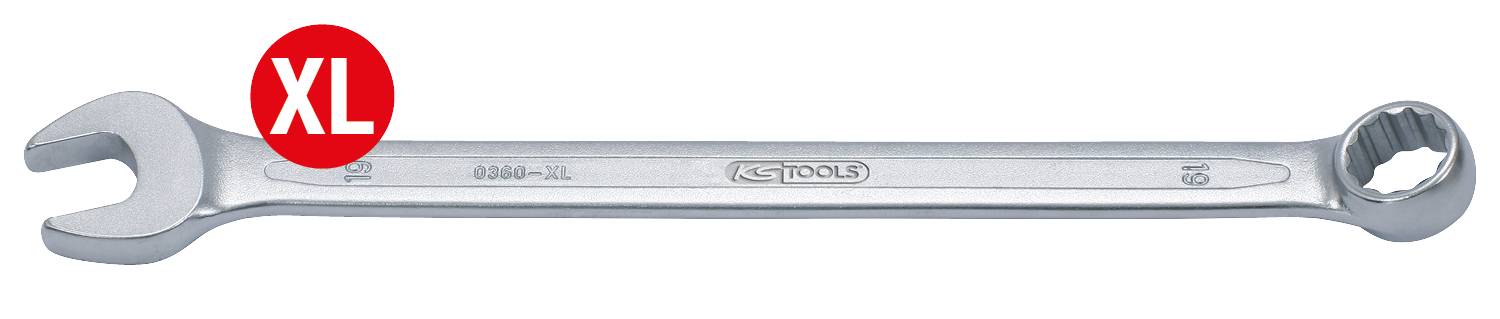 Maulschlüssel mit einer Seite als Gabelschlüssel und anderer Seite als Ringschlüssel in XL-Größe, aus Metall gefertigt.