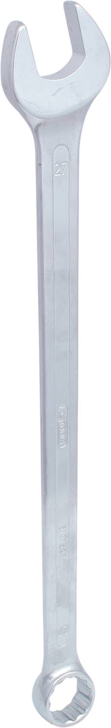 Silberner Gabelschlüssel mit zwölfkantiger Ringseite und offener Maulseite, geeignet zum Anziehen oder Lösen von Muttern und Schrauben.