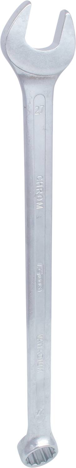 Ein silberner Schraubenschlüssel mit offenem Maul auf der einen und Ringschlüssel auf der anderen Seite.