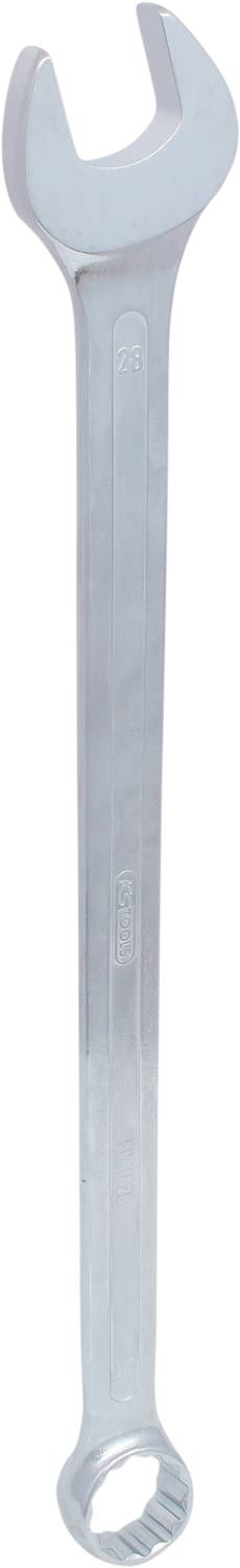 Ein silberner Schraubenschlüssel mit offenem und ringförmigem Ende vor weißem Hintergrund. Werkzeug für Schraubenarbeiten.