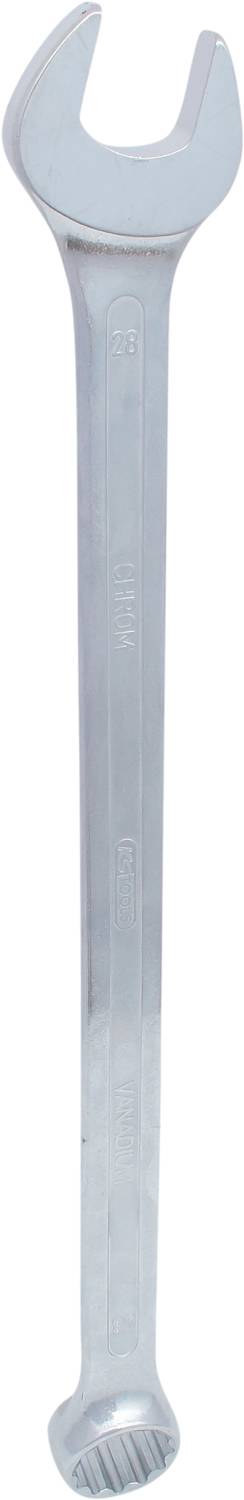 Ein silberner Schraubenschlüssel mit einem offenen Ende und einem Ringschlüssel am anderen Ende, verwendet für mechanische Arbeiten.