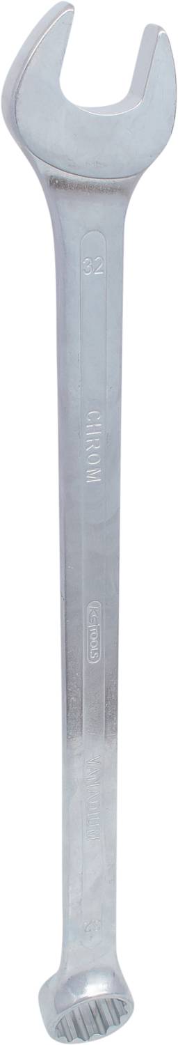 Ein silberner Ringschlüssel mit offenem Ende oben und einem ringförmigen Ende unten. Werkzeug zum Anziehen oder Lösen von Schrauben.