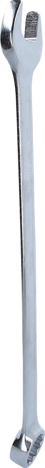 Ein silberner Doppelschraubenschlüssel, oben mit Maulschlüssel, unten mit Ringschlüssel, liegt vertikal. Geeignet zum Festziehen oder Lösen von Schrauben.