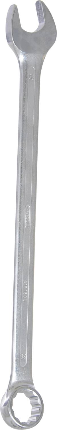Ein silberner Schraubenschlüssel mit offener Maul- und Ringschlüsselkopf, auf einem weißen Hintergrund. Tools für mechanische Arbeiten.