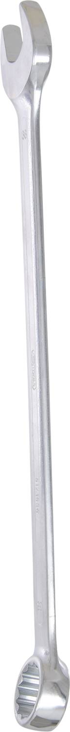 Ein silberner Schraubenschlüssel mit einer offenen und einer Ringseite, hauptsächlich verwendet zum Festziehen von Muttern oder Schrauben.