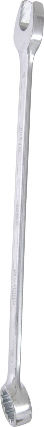 Ein langer, silberner Maulschlüssel mit zwei Enden: ein offenes und ein ringförmiges, zum Festziehen von Schrauben und Muttern.