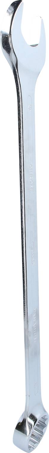 Silberner Schraubenschlüssel mit offenem Maul auf der einen Seite und Ringschlüssel auf der anderen, vertikal positioniert.