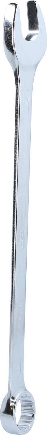 Ein silberner Gabelschlüssel mit zwei unterschiedlich geformten Enden; eines offen und eines geschlossen.