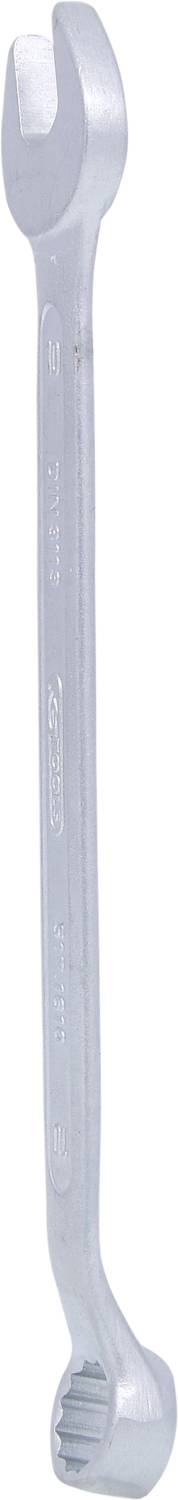 Ein silberner Doppelringschlüssel mit zwei verschiedenen Öffnungen an den Enden, häufig in der Wartung und Reparatur von Maschinen verwendet.