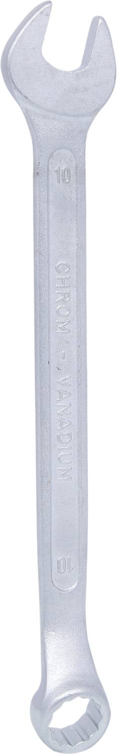Ein silberner Schraubenschlüssel mit zwei Enden: ein offenes Ende und ein Ringschlüssel. Geprägt mit der Nummer '10'.