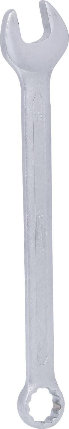 Offener Ringschlüssel aus Metall, silberfarben, mit zwei Enden: eines offen, das andere ringförmig. Geeignet zum Lösen oder Festziehen von Muttern.